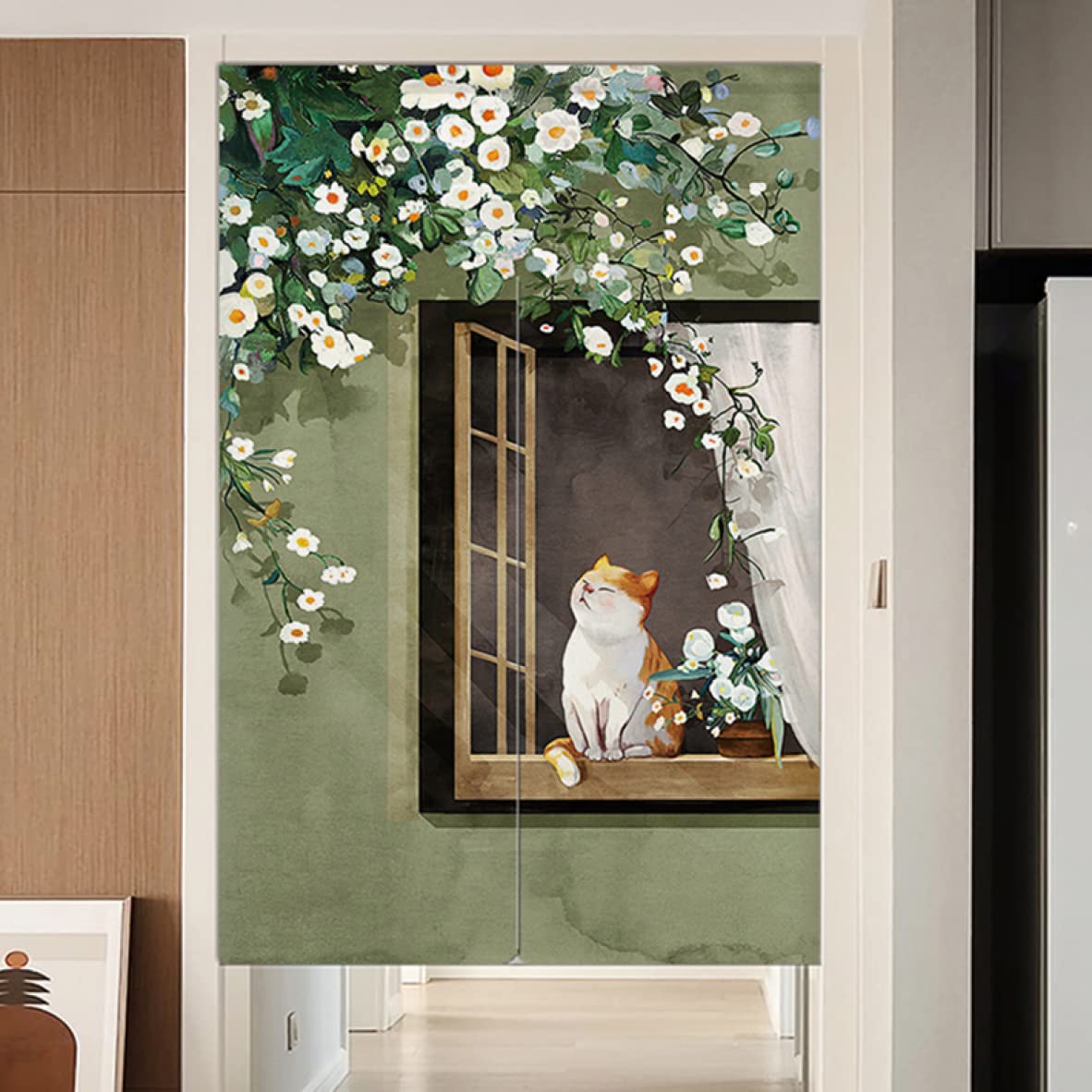 のれん目隠し 壁飾り 猫と花 縦147×横87.5cm ベージュ Amazon｜NASFH 暖簾 のれん 柄 目隠し おしゃれ ロング カラー 階段
